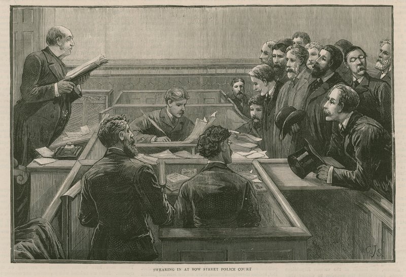 The Recent Rioting in London: Swearing-in at Bow Street Police Court by English School