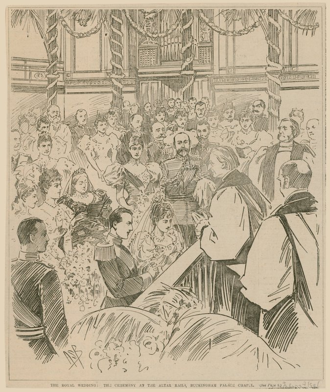 The royal wedding, the ceremony at the altar rails, Buckingham Palace Chapel, 23 July 1896 by English School