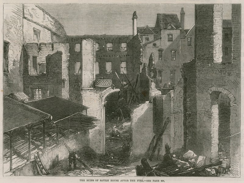 The ruins of Savile House, Leicester Square, London, after the fire by English School