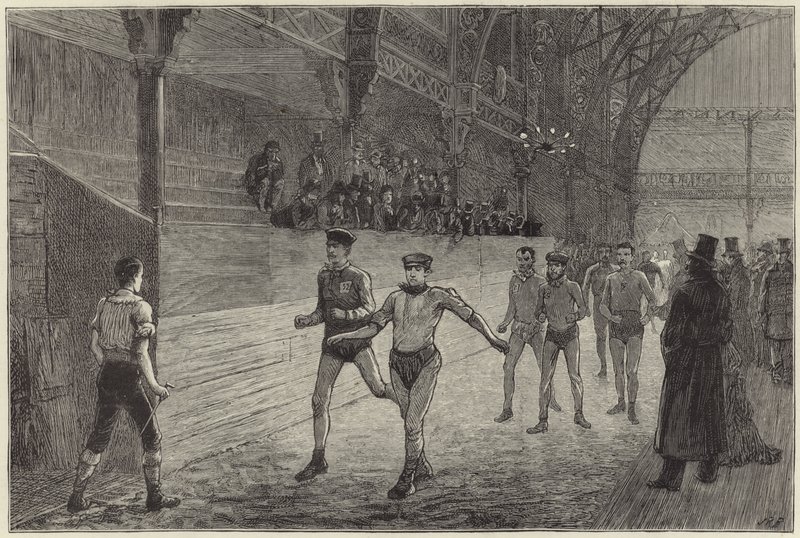 The six days pedestrian match at the Agricultural Hall by English School