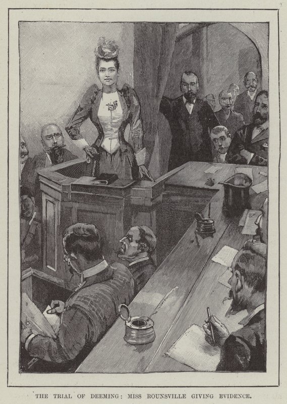 The trial of Deeming, Miss Rounsville giving evidence (engraving) by English School