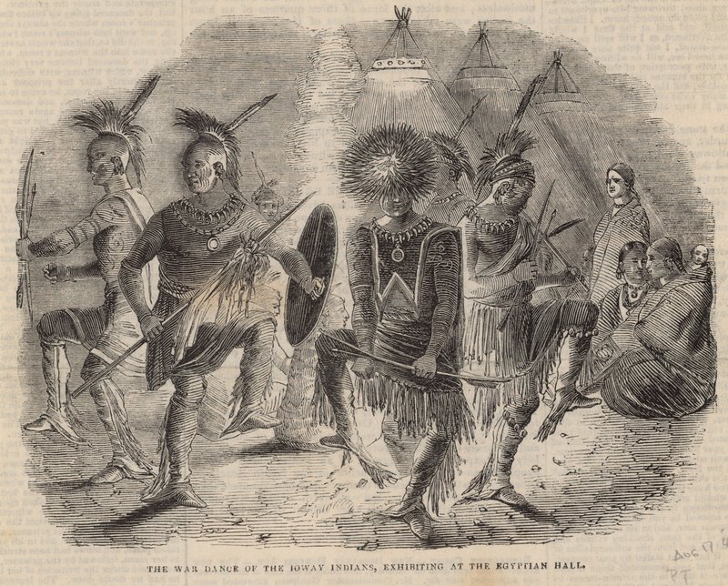 The war dance of the Ioway Indians, exhibiting at the Egyptian Hall by English School