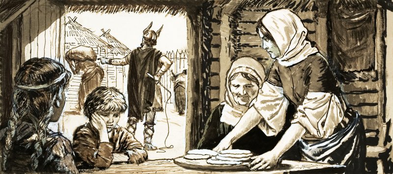 The women of Linby baking flat cake by English School