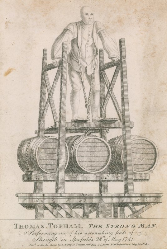Thomas Topham, the strong man, performing one of his astonishing feats of strength in Spitalfields, 28 May 1741 by English School