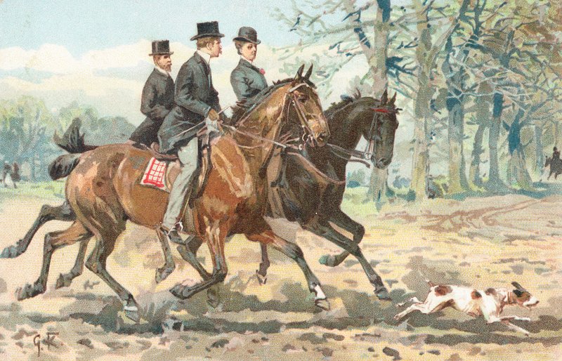 Three Horse Riders in the Countryside by English School
