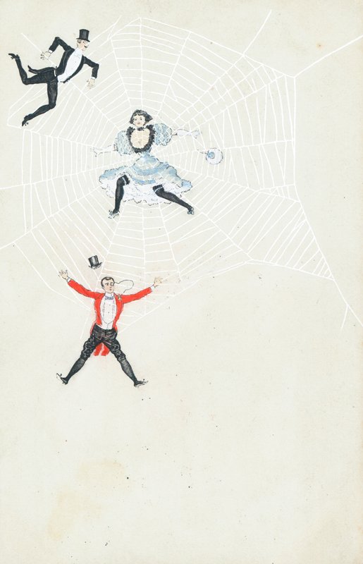 Three well-dressed people caught in a spiders web by English School