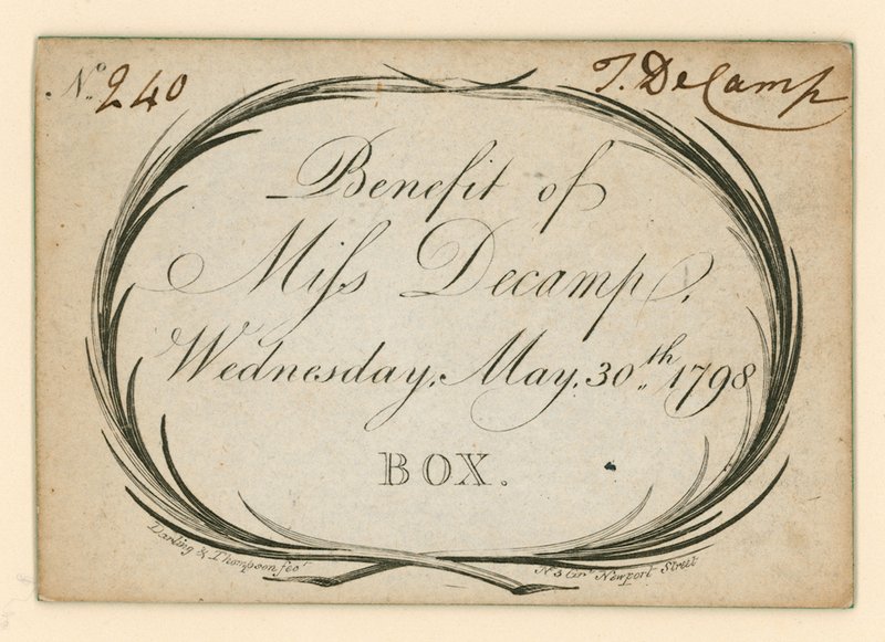 Ticket for Drury Lane Theatre, London: Benefit of Miss Decamp, 30 May 1798 by English School