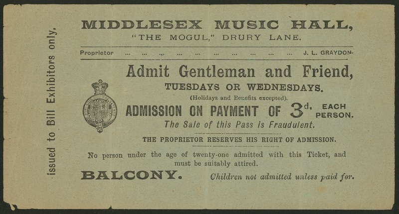 Ticket for the Middlesex Music Hall, The Mogul, Drury Lane, London by English School