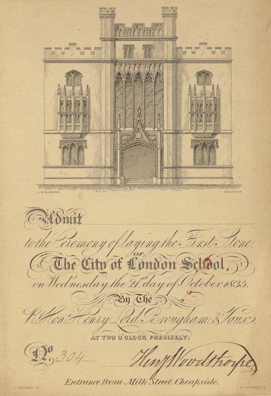 Ticket for the Laying of the First Stone of the City of London School, 21 October 1835 by English School
