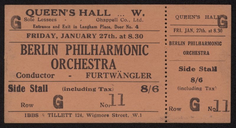 Ticket to a concert by the Berlin Philharmonic Orchestra, Queens Hall, London Friday, January 27th, 1928 by English School