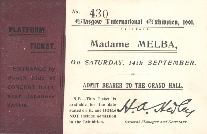 Ticket to hear Nellie Melba at the Glasgow International Exhibition, 1901 by English School