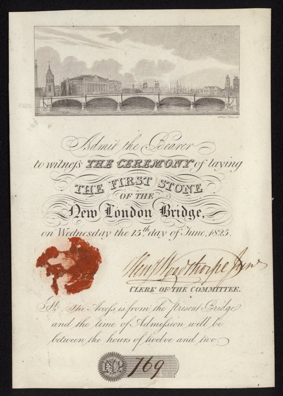 Ticket to the Ceremony of Laying the First Stone of the New London Bridge by English School