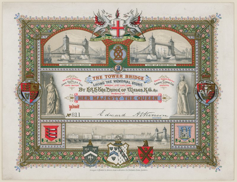 Tower Bridge, London, Invitation to Laying of the Memorial Stone, 21 June 1886 by English School