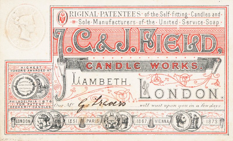 Trade Card, J C and J Field Candle Works by English School