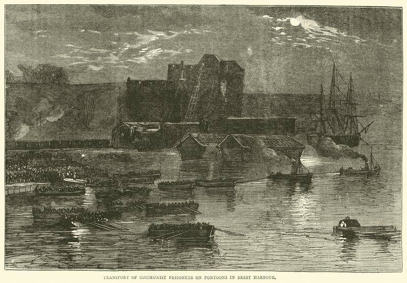 Transport of Communist prisoners on pontoons in Brest Harbour, 1871 by English School