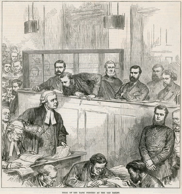 Trial of the Bank Forgers at the Old Bailey by English School