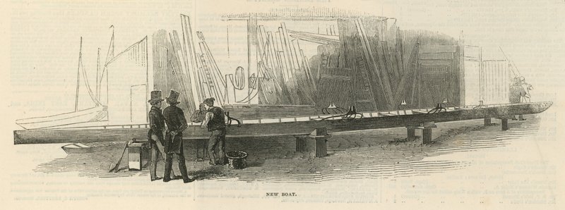 Two Men Inspecting a New Boat Under Construction by English School
