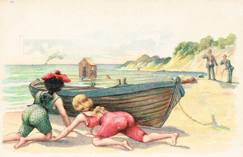 Two women in bathing costumes take cover behind a row boat by English School