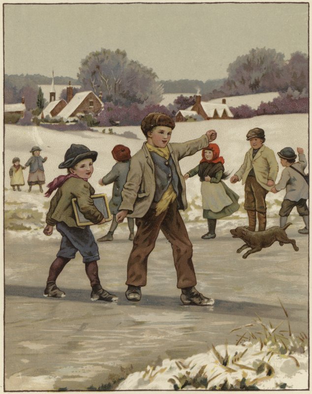 Two Young Boys Skating on a Frozen Lake by English School