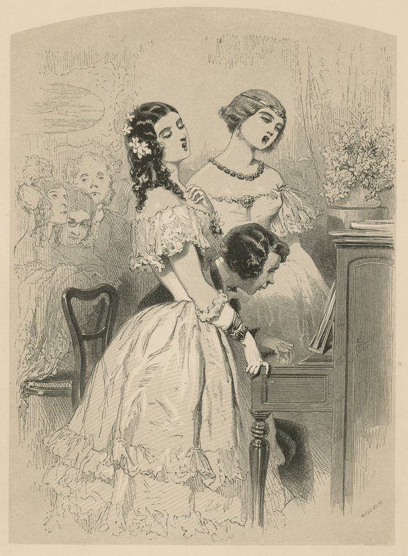 Two young ladies singing to piano accompaniment by English School