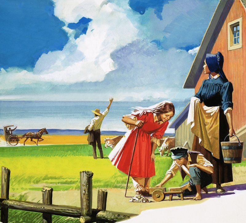 Unidentified American rural scene with Quaker family by English School