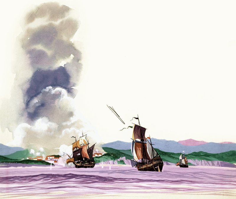 Unidentified battle with sailing ships firing at shore and fire being returned by English School