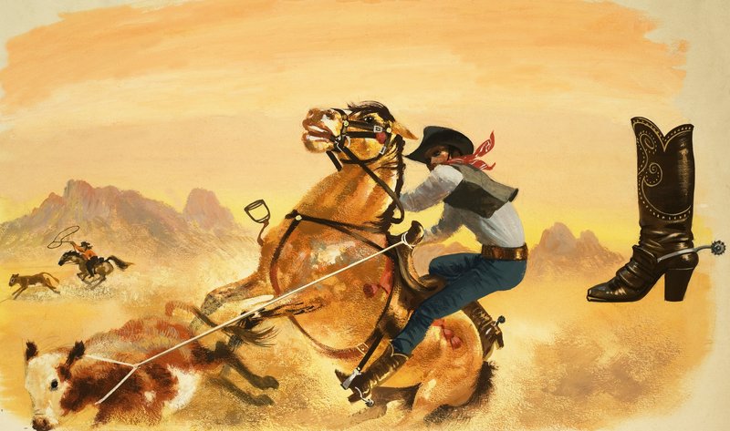 Unidentified cowboy roping cattle by English School