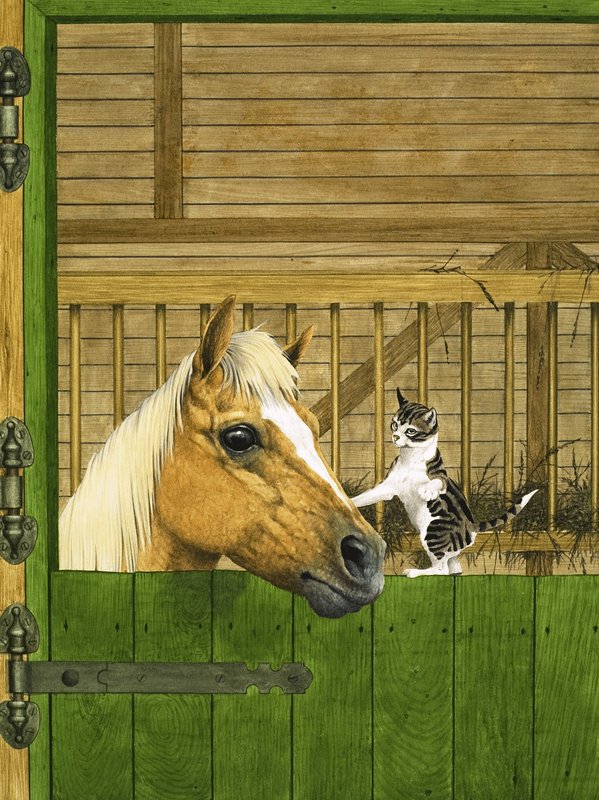 Unidentified Horse and Playful Kitten by English School