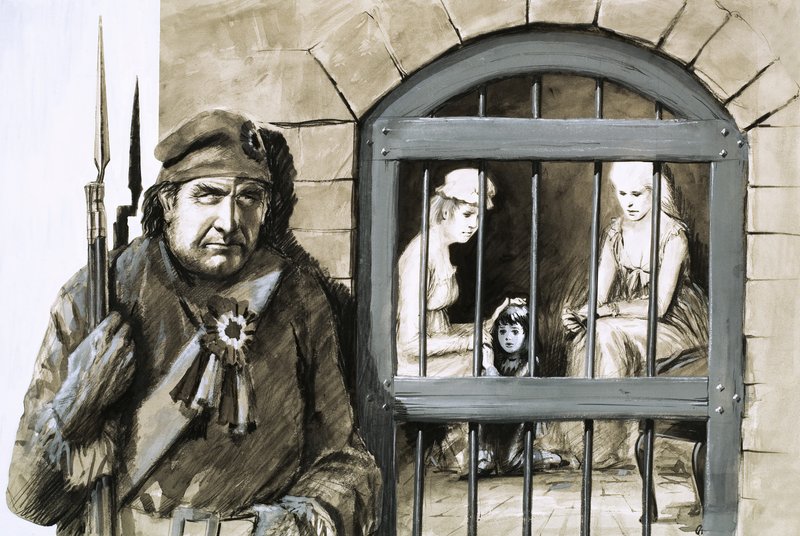 Unidentified prisoners in jail cell with guard in foreground by English School