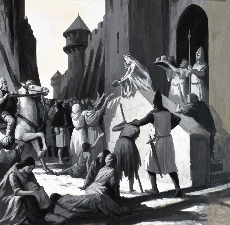 Unidentified queen handing out food to the poor by English School
