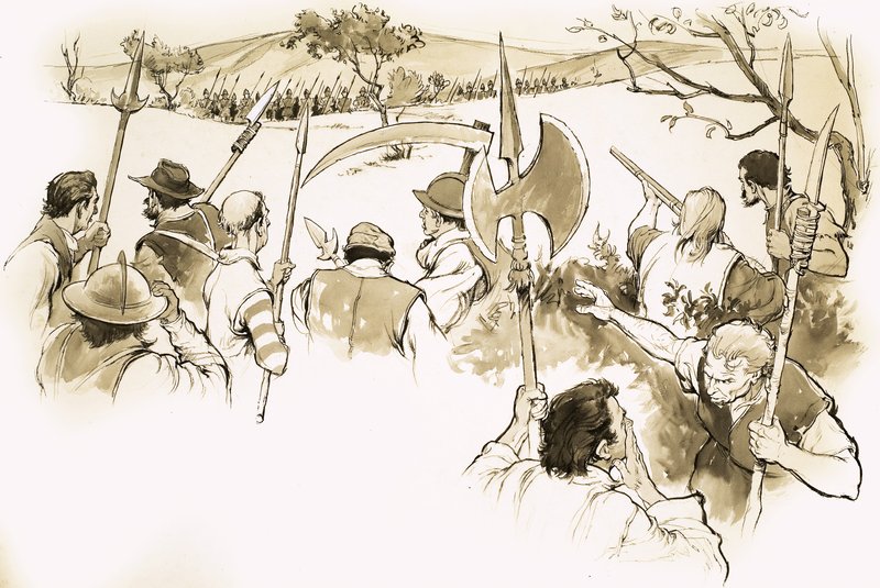 Unidentified Scene of Peasants Facing an Army by English School