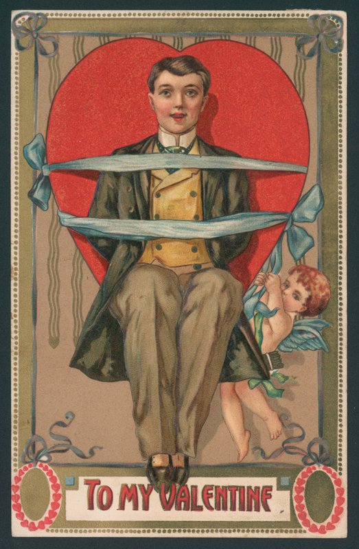 Valentine card, man tied up in ribbons by Cupid by English School