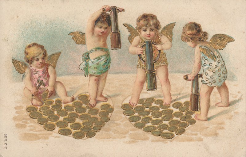 Valentine card, putti stamping hearts by English School