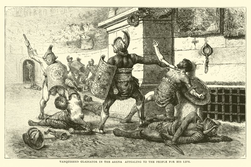 Vanquished Gladiator in the arena appealing to the people for his life by English School