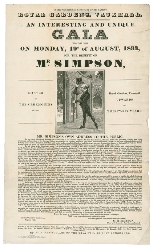 Vauxhall Gardens, Benefit for Mr. Simpson, 19 August 1833 by English School