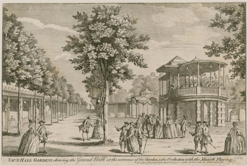 Vauxhall Gardens, London, showing the Grand Walk at the entrance and The Orchestra with music playing by English School