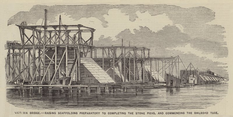 Victoria Bridge, Raising Scaffolding Preparatory to Completing the Stone Piers, and Commencing the Railroad Tube by English School