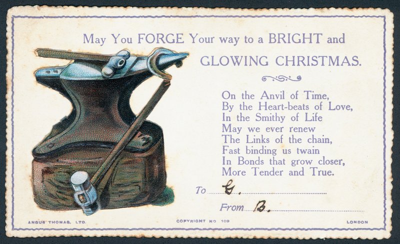 Victorian Christmas card with anvil and hammer by English School