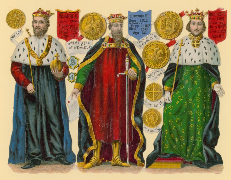 Victorian scrap: King Edward II, King Edward III, King Richard II by English School