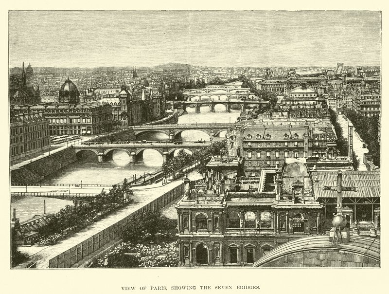 View of Paris, showing the Seven Bridges by English School