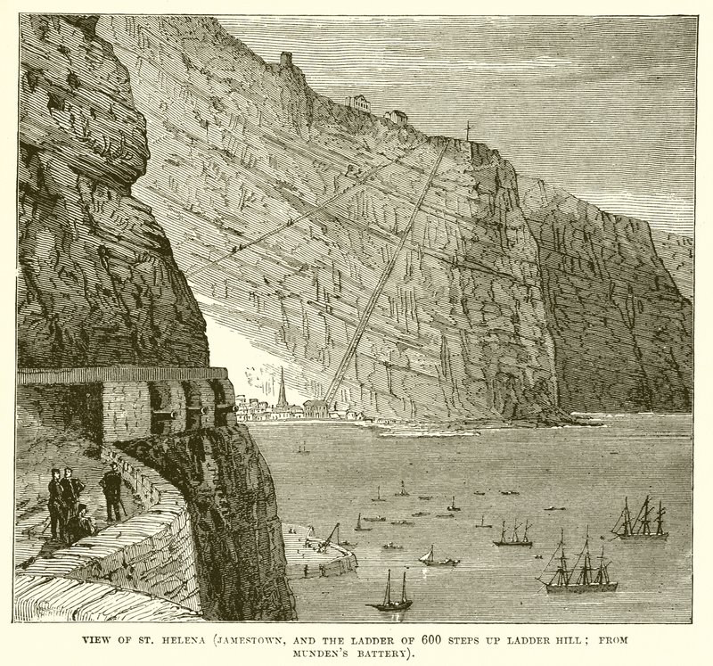 View of St. Helena (Jamestown, and the Ladder of 600 Steps up Ladder Hill; from Mundens Battery) by English School