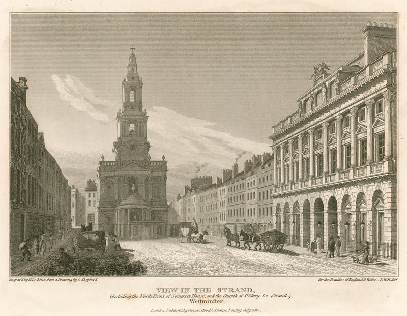 View of The Strand, Including the North Front of Somerset House and the Church of St Mary-Le-Strand, Westminster, London by English School