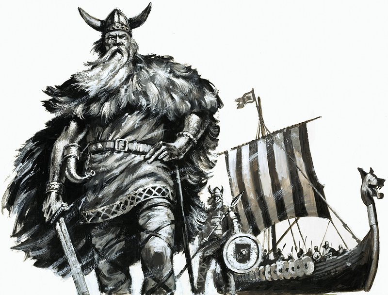 Viking and Longship by English School