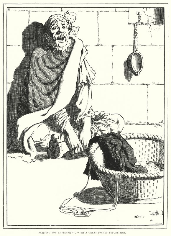 Waiting for employment, with a great basket before him by English School