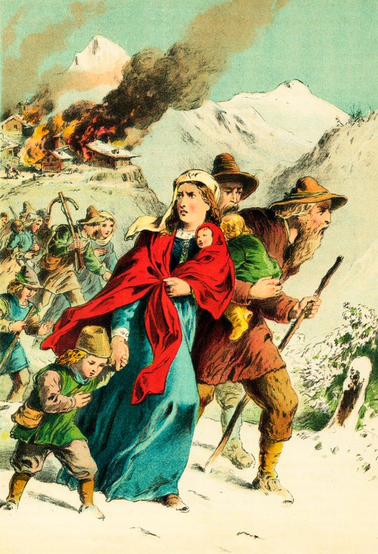 Waldenses fleeing from the burning village by English School