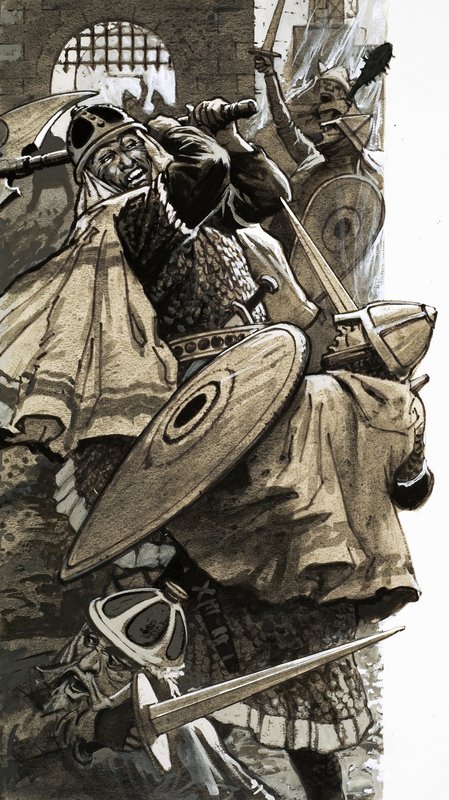 Waltheof, the last English Earl, in battle with Norman soldiers by English School