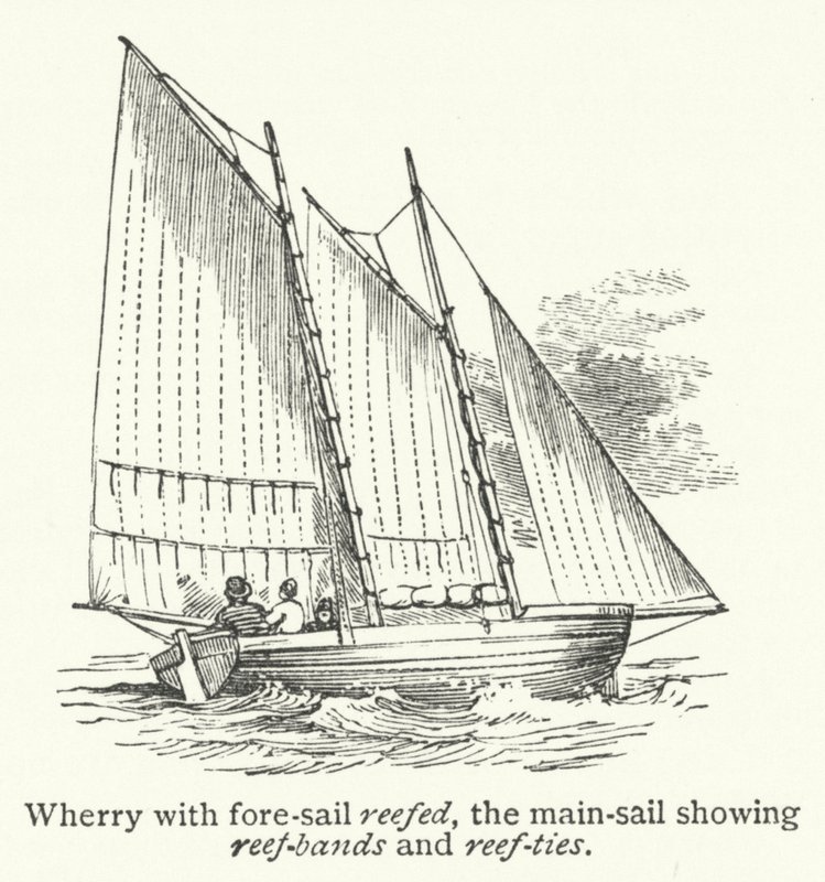 Wherry with Fore-Sail Reefed, the Main-Sail Showing Reef-Bands and Reef-Ties by English School