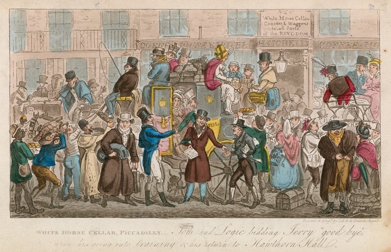 White Horse Cellar, Piccadilly, London; Tom and Logic bidding Jerry goodbye by English School