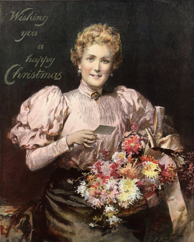 Woman holding a bouquet of flowers, with the legend, Wishing you a happy Christmas by English School