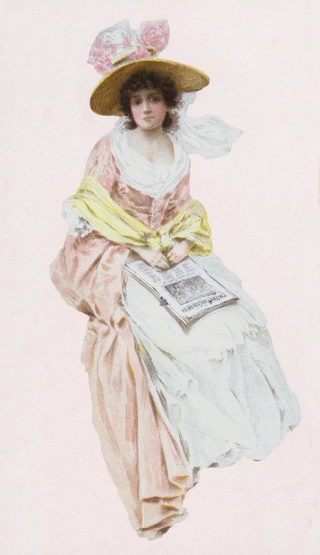 Woman in Victorian or Edwardian dress reading a newspaper by English School
